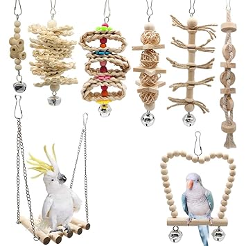 8 Packs Bird Parrot Swing Chewing Toys with Upgraded Bell, Creatiee Natural Wood Standing Hanging Hammock Bird Cage Toys for Small Parakeets, Cockatiels, Conures, Finches, Budgie, Macaws, Love Birds