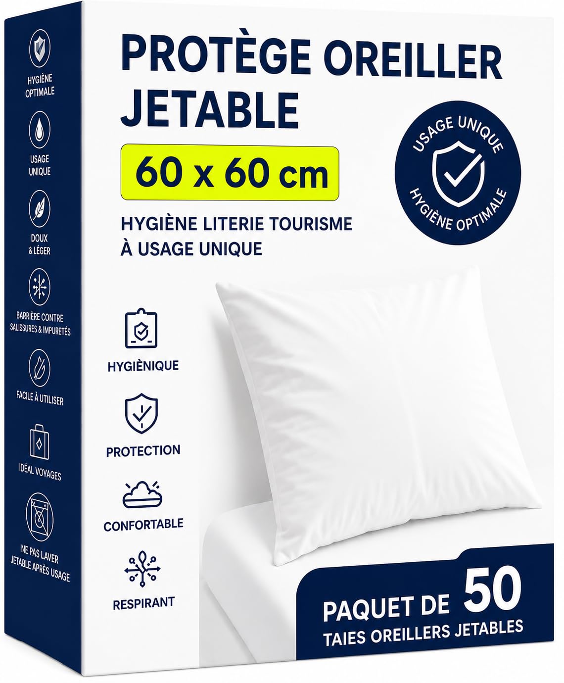 Protège-Oreiller 60x60 cm – Lot de 50 Taies Jetables – Housse de Protection Coussin à Usage Unique – Hygiène Literie – Idéal Campings, Hôtels, Gîtes & Locations Saisonnières