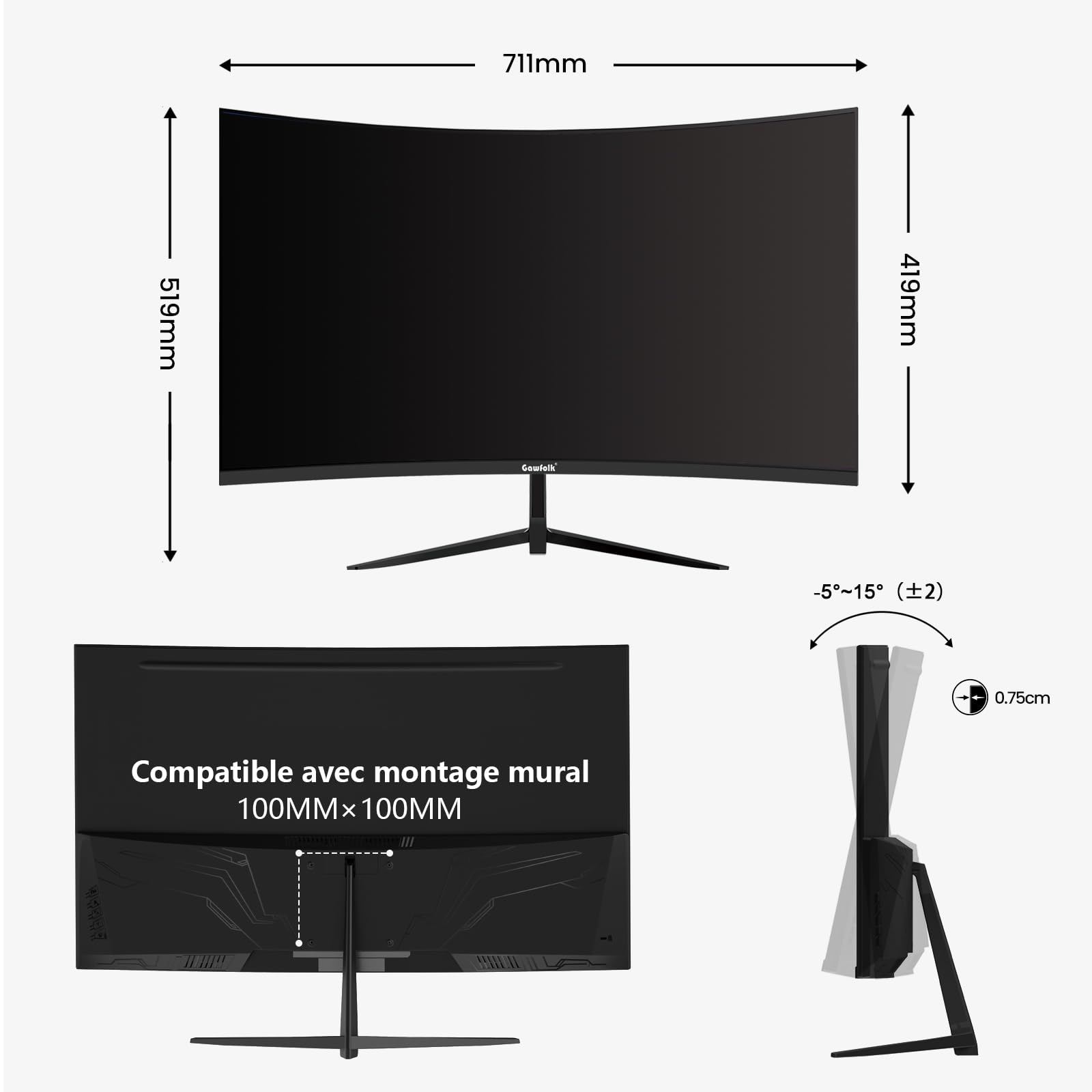 Gawfolk Écran PC 32 Pouces,2K WQHD(2560×1440P),165Hz incurvé Gaming Moniteur, 1ms sans Lunette, 100% sRGB，178 ° Angle Vue HDMI、DisplayPort, Compatible avec Mural VESA100*100MM - Noir