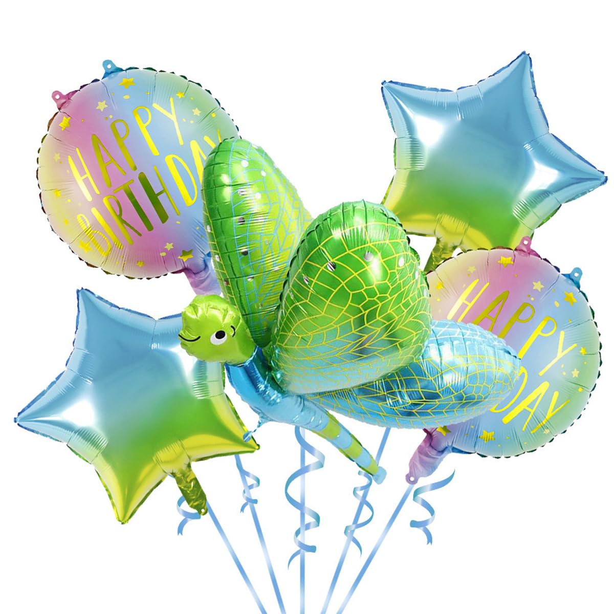 4D Dragonfly Gradient Green Foil Balloons Birthday Decorations,Colorful Round and Blue Green Stars Mylar Birthday Balloons for kids Boy Girls Baby