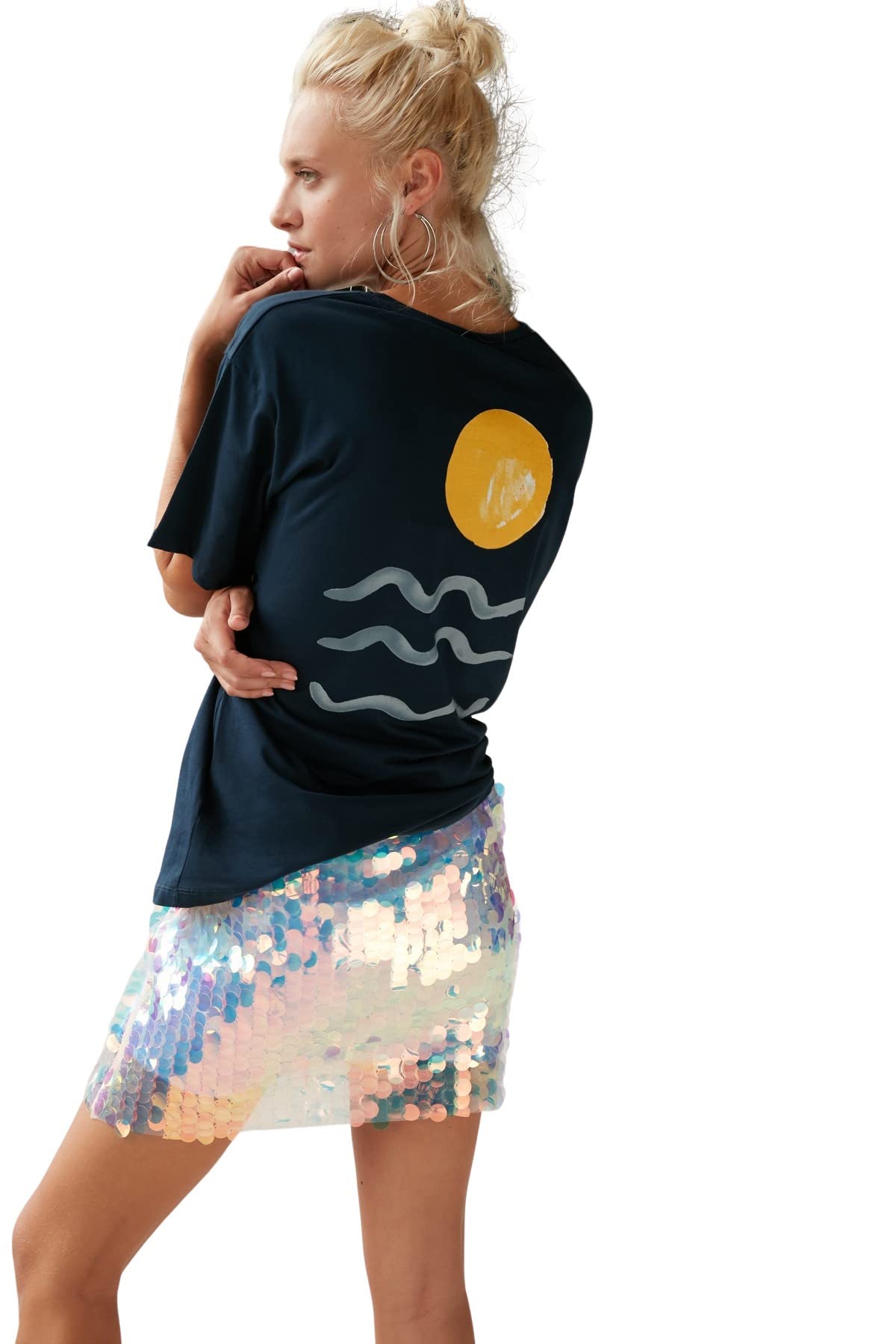 TRENDYOL Damen Trendyol Damen Oversize Standard Crew Neck Woven T-shirt Hemd, Marineblau, L EU