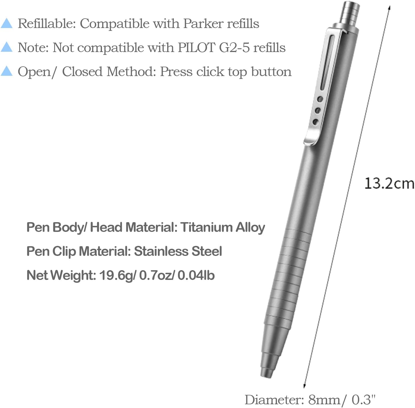 Hamans Titanium Ballpoint Pen Click Push Retractable Press Switch Pen with Clip 5.2" Pocket Size Lightweight Slim Shape for Signature Business School and Work