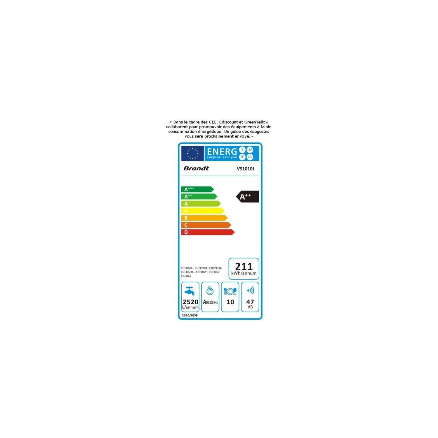 BRANDT VS1010J Lave-vaisselle encastrable 10 couverts 45 cm 47 dB