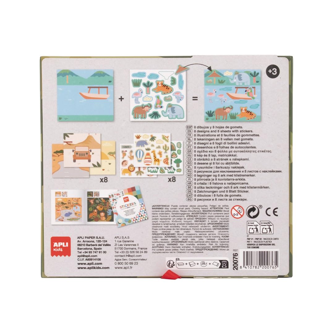 APLI Kids 20076 - Zestaw naklejek żelkowych do uzupełnienia ilustracji- wielokolorowe geometryczne naklejki z żetonami w kartonie - model Safari