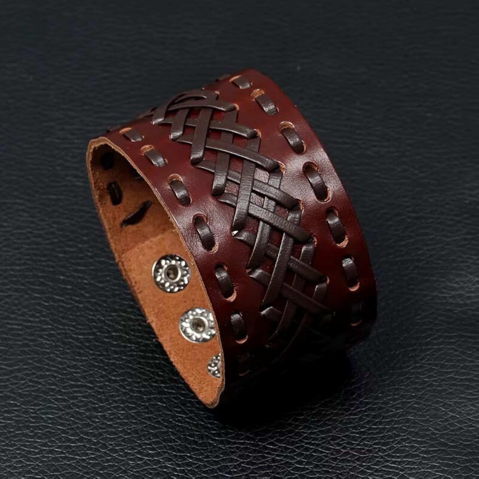 Men's Genuine Braided Leather Bracelet Set, Brown