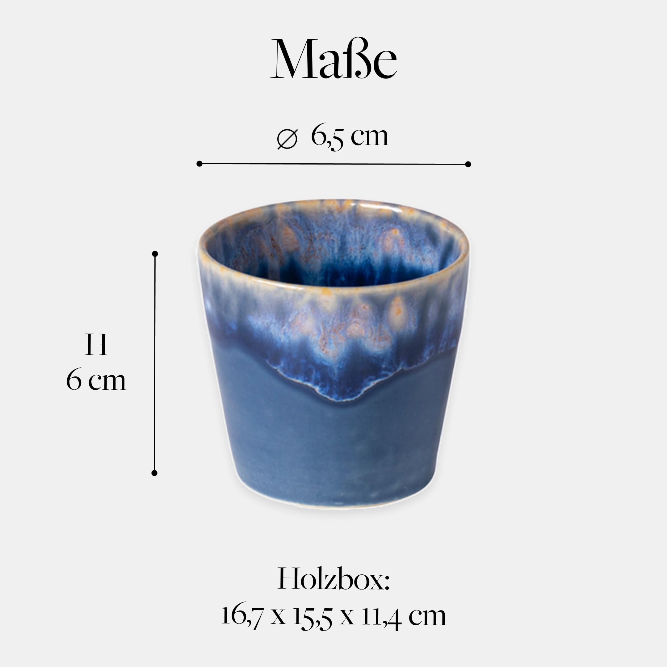 Costa Nova Geschenkset Grespresso: 8 Steinzeug-Tassen mit reaktiver Glasur, Handveredelt in Portugal, Stapelbare Espresso Becher in edler Holzbox, Spülmaschinenfest, Mehrfarbig, ⌀ 6,5 cm