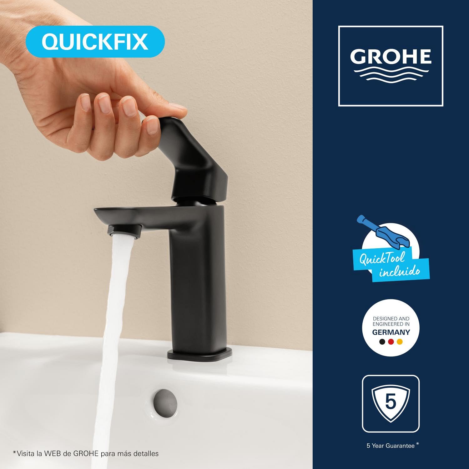 GROHE Dice Grifo Monomando de Lavabo M con Vacío Automático (Cartucho Cerámico 28 mm, Ahorro de Agua, Conexiones 3/8", Fácil de Instalar QuickTool Incluido) Negro Mate, 1018322430