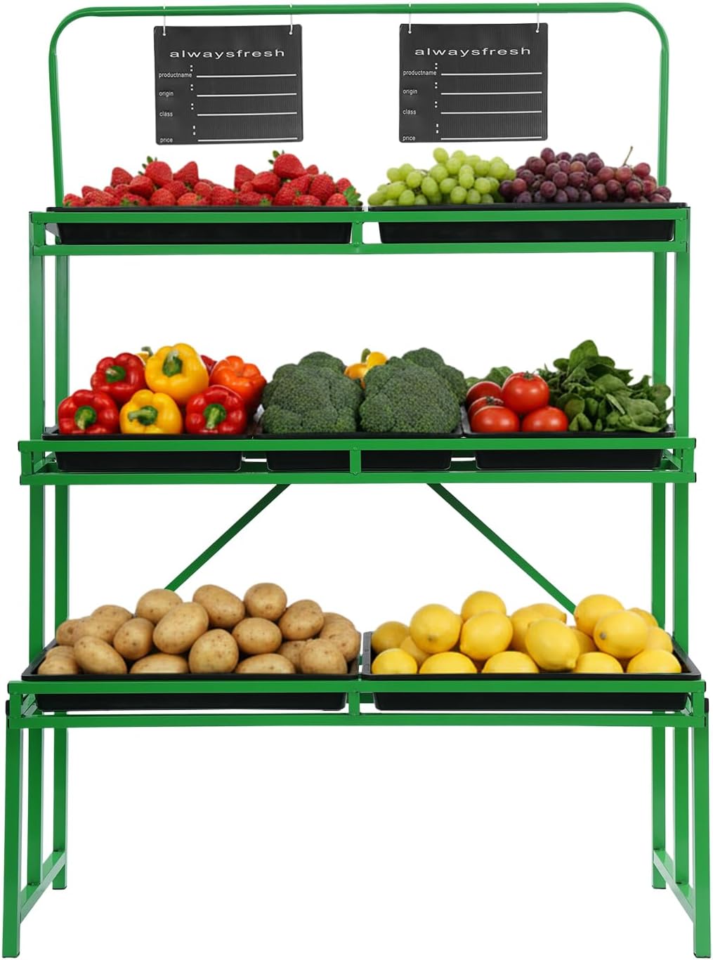 3 Tiers Retail Display Rack, 67" H Commercial Fruit Vegetable Display Shelves with 7 Removable Baskets and Hanging Product Labels, Metal Snack Display for Supermarket Grocery Store Home (Black+Green)