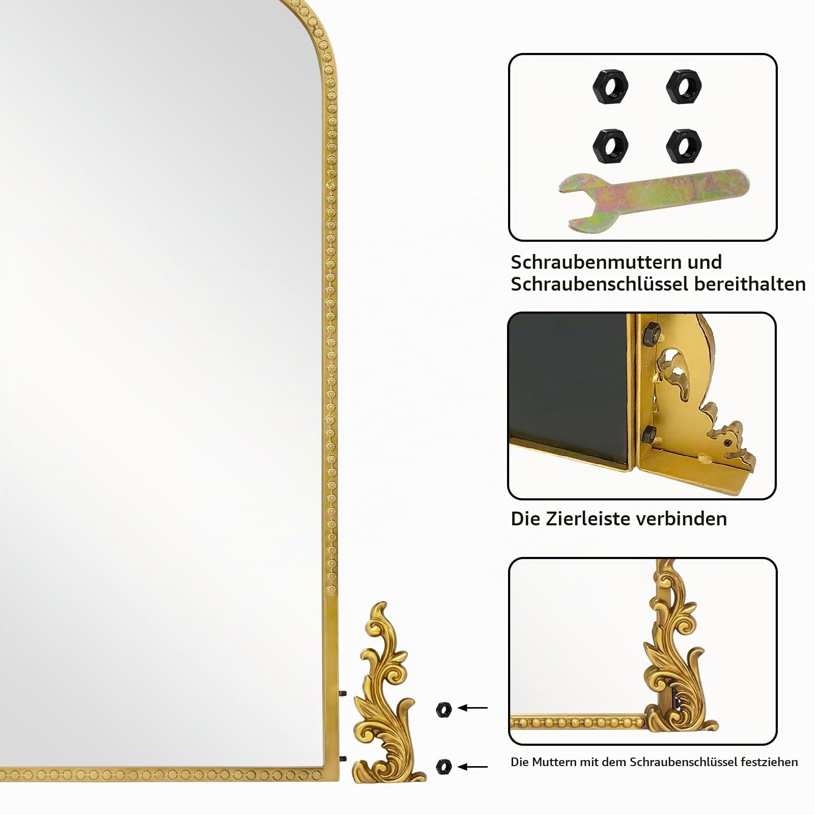G-LEAF Wandspiegel Goldbogen 60x90cm, Barock Spiegel mit Antik-Finish, Vintage Wandspiegel mit Blumen-Relief & Perlenrand, Eleganter Bogenspiegel für Badezimmer, Wohnzimmer & Flur