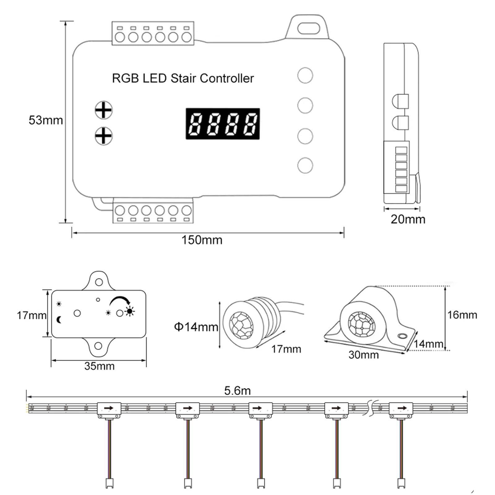 Produktbild von Gbtdoface Treppenlicht-Controller – 32 Kanäle, Bewegungsmelder, Anti-Auslauf, Einstellbar, DC 12/24 V, Für LED-Treppenbeleuchtung