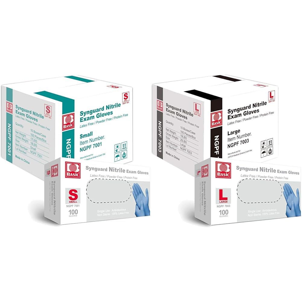 Basic Medical Blue Nitrile Exam Gloves - Latex-Free & Powder-Free - NGPF-7001 (Case of 1,000), Small & NGPF-7003 (Case of 1,000), Large