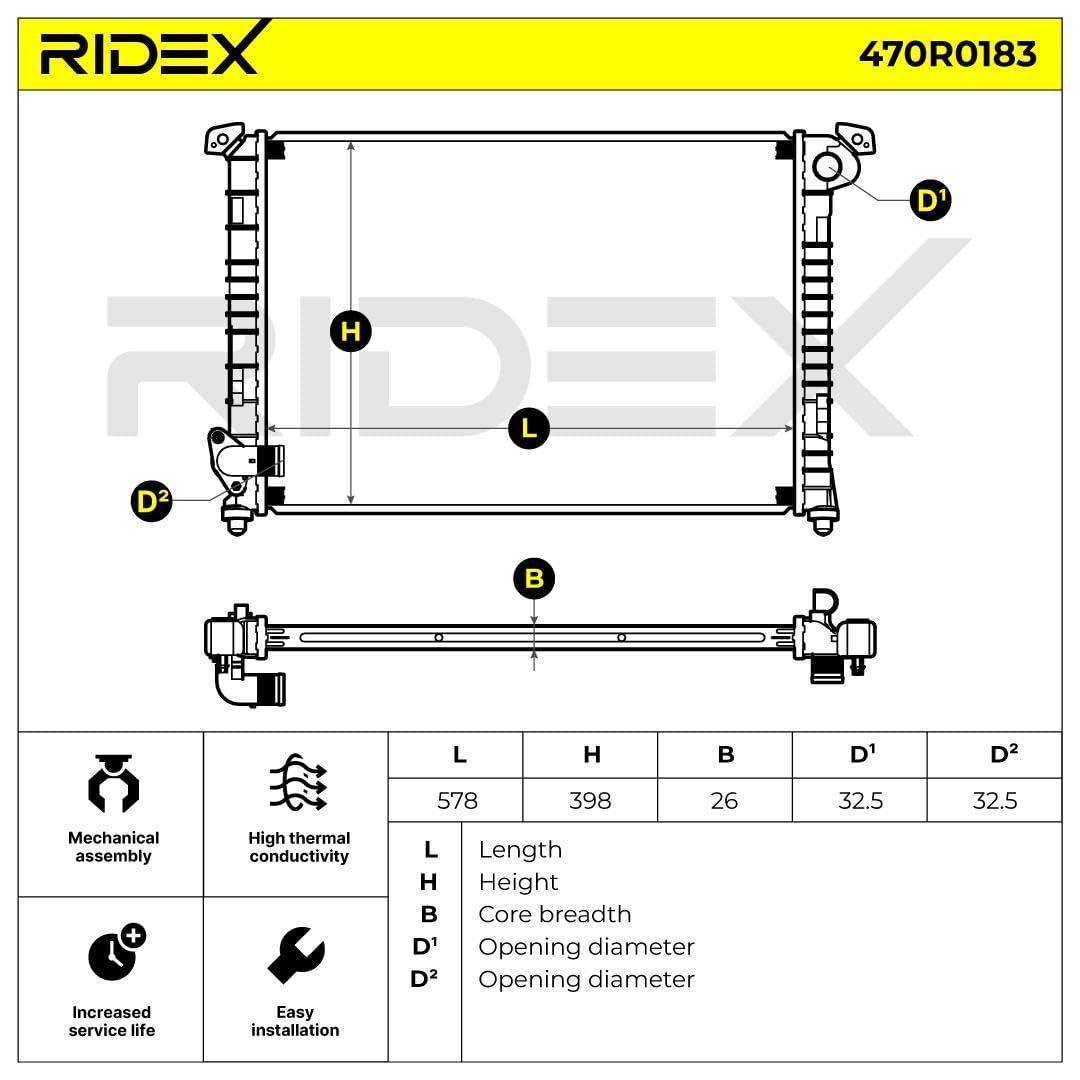 RIDEX 470R0183 Radiatore motore Compatibilità con MINI Hatchback R50, R53 Benzina