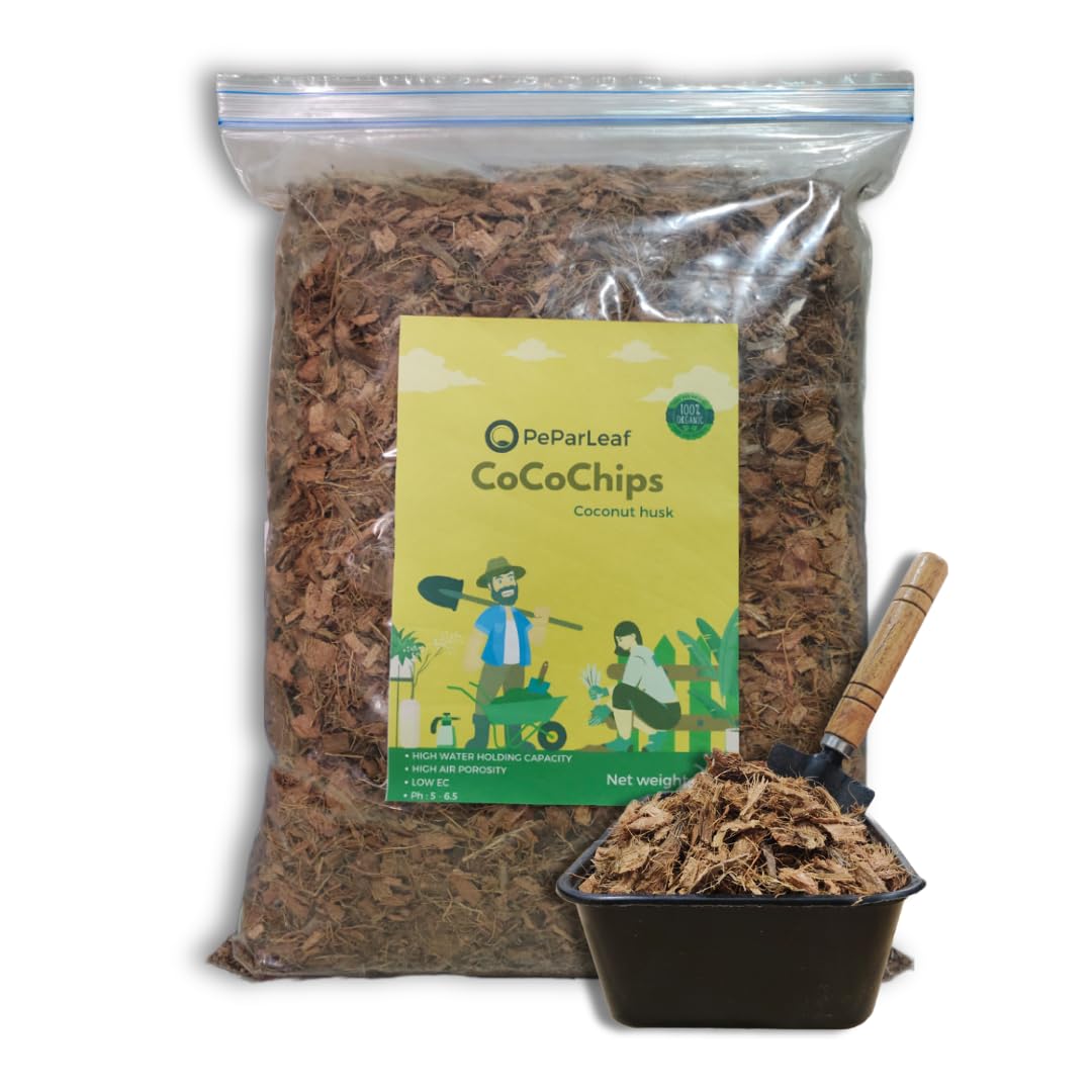 PeParLeaf - Coconut Husk Or CocoChips for Plants 1KG | Loose Ready to Use | Low EC Potting Mixture with Coco Chips Plant Root Development & Aeration with The Best Home Gardening Media (1)