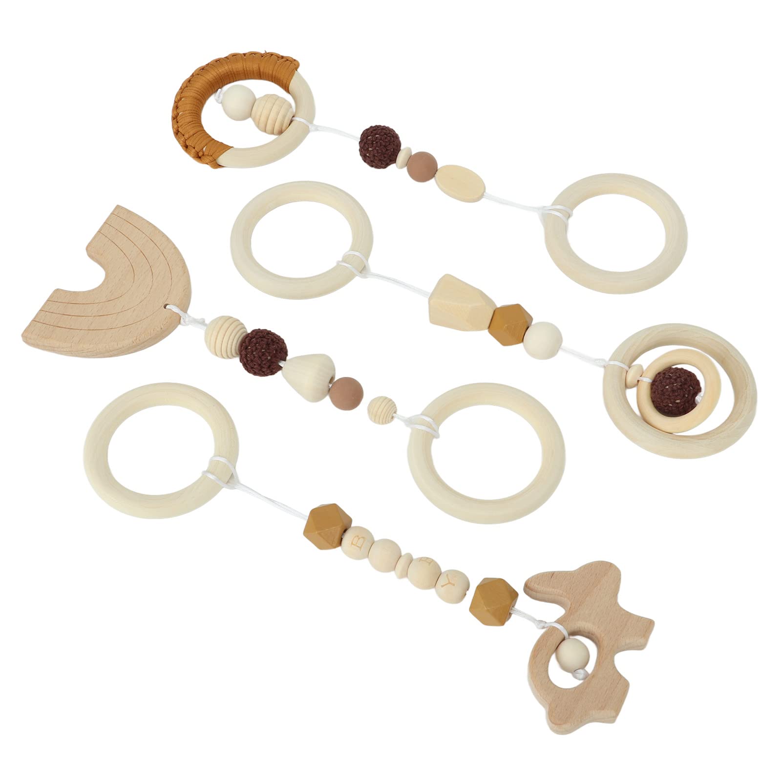 Jouets Suspendus en Bois pour bébé, Pendentif écologique pour Poussette, Jeu de Gymnastique, Matériau en Hêtre, 4 Pièces (Brun)