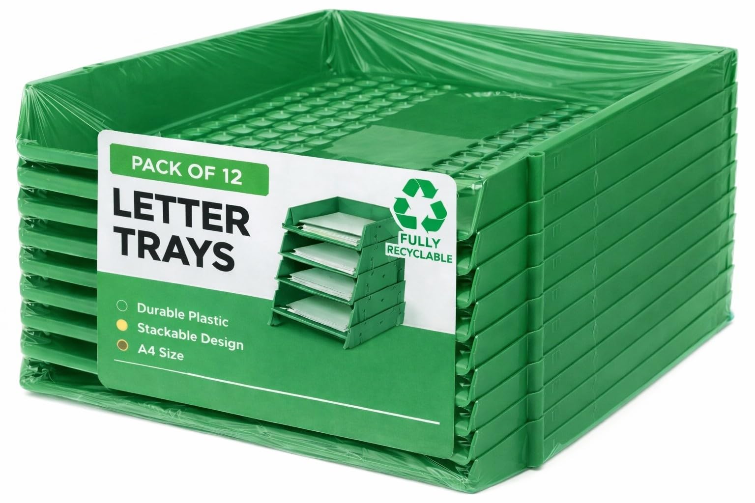 Deflecto Green Letter Tray A4 Pk Of 12 X Essential Letter Tray In Green, A4 Paper Tray Organiser, Letter Organiser Storage, Desk Trays - Cp043ytgrnx12 - Pk Of 12