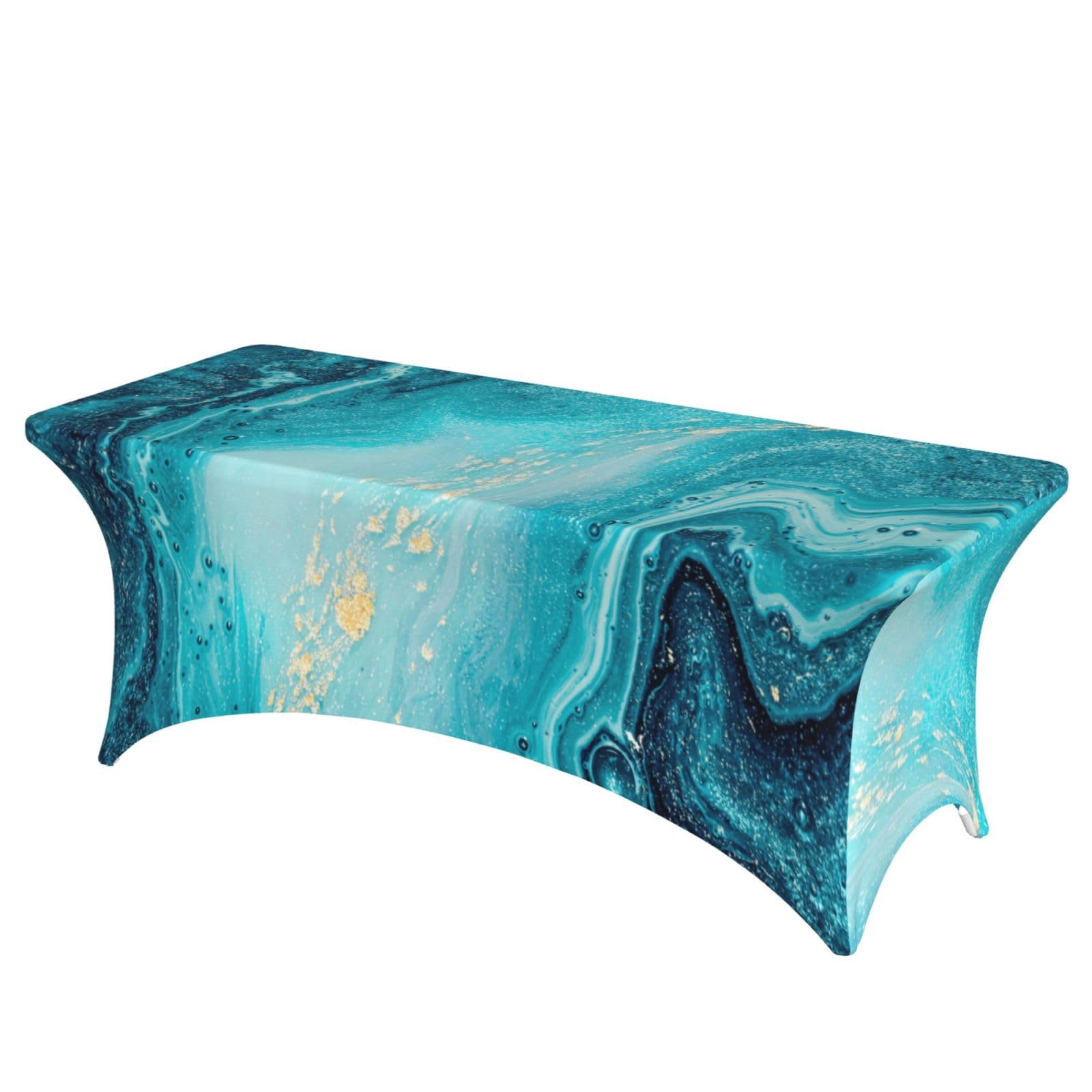 AYYQWE Stone Blue Gold Marble Print Elastic Rectangular Tablecloth For Banquet Outdoor Picnics Office Table Cover