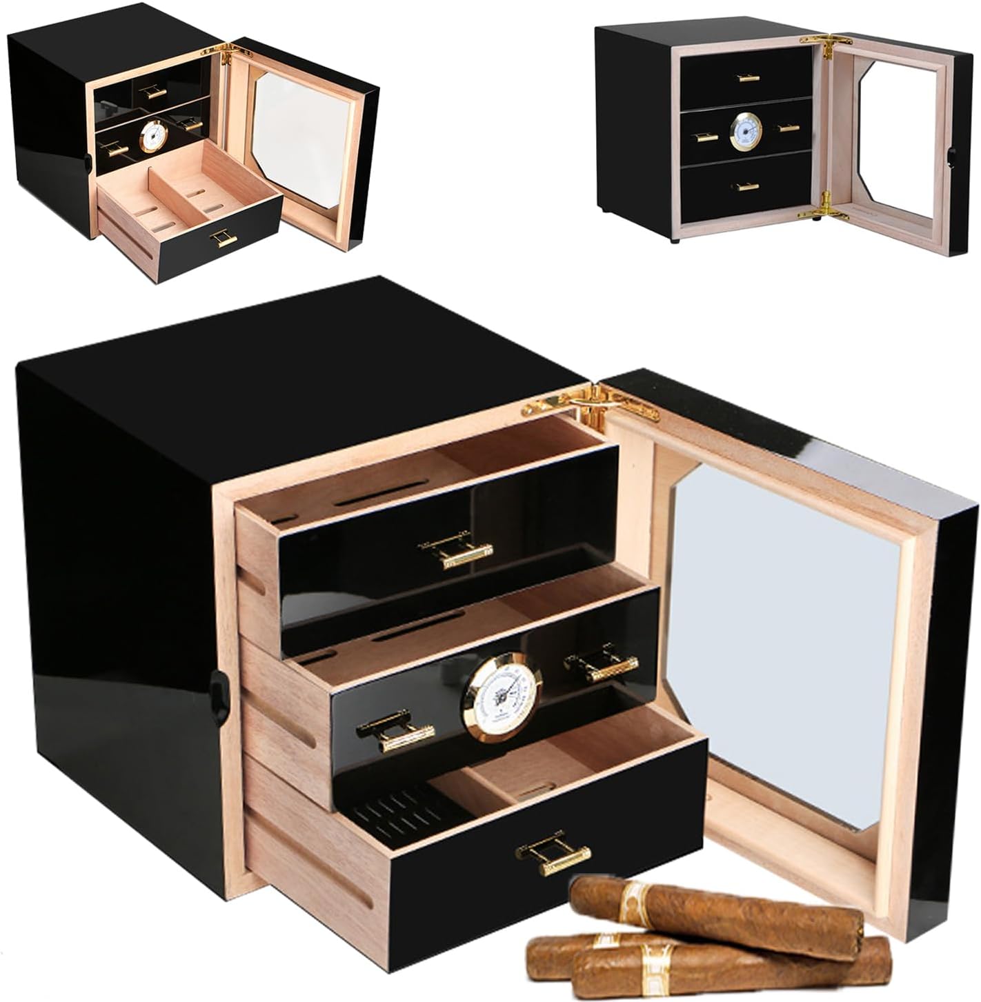 Cigar Humidor Front Mounted Hygrometer Cedar Lined Storage Box and Humidifier, Polished Piano Black Coating Finish Cedar Wood Lined and 3 Layer Drawers，Holds 100-150 Cigars