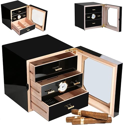 Miniatura 8 de Humidor de cigarros higrómetro montado en la parte delantera Caja de almacenamiento y humidificador forrado de cedro, acabado de revestimiento negro