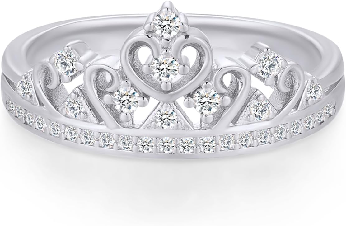 Princess Crown Ring, Round Cut Moissanite, Cubic Zirconia, Lab Grown or Natural Diamond Promise Ring for Women in 14K Gold Plated 925 Sterling Silver Jewelry for Her