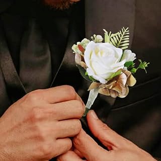 Latious Wedding Flower Boutonniere White Groom Rose Buttonholes Men's Boutineer Party Suit Decoration Prom Anniversary Accessories for Groomsmans and Man (White)