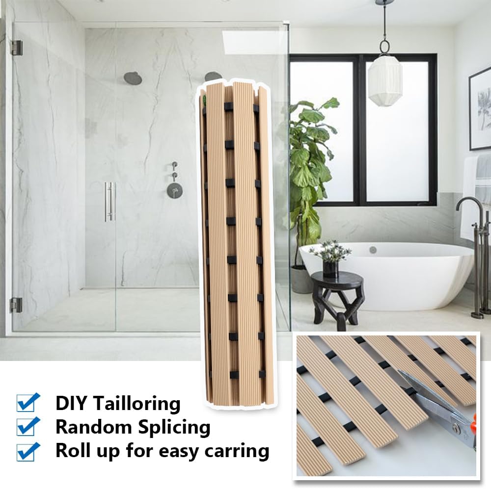 Shower Mat Non Slip Bathtub Mat and Drain Hole Shower Mat and Drain Holes 4FTx43FT Bath Mat for Tub & Shower. Dry, Easy to Cut,for Tub & Shower(Beige)