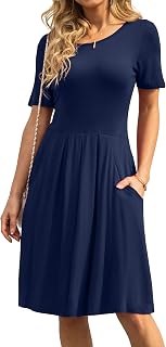DouBCQ Women's Casual Pleated Flowy Dress with Pockets - Soft Rayon Blend