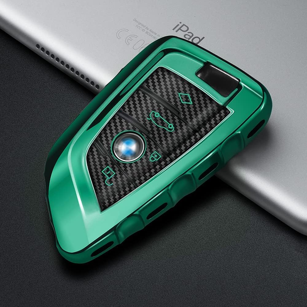 HIBEYO Key Fob Cover Case with Keychain for BMW 2 5 6 7 X1 X2 X3 X5 X6 Series Premium Soft TPU Carbon Fiber Smart Key Holder(Green)