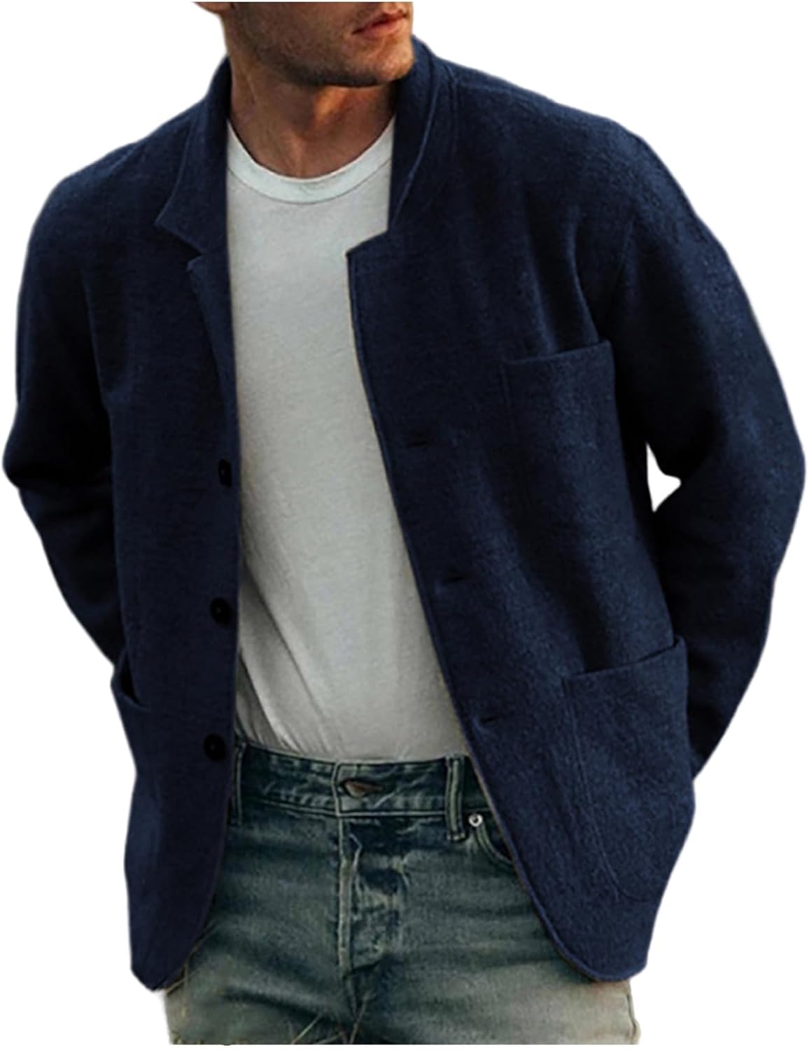 Men's Wool Short Jacket Button Down Woolen Coat Fall Winter Warm Trench Coat Overcoat Long Sleeve Cardigan with Pockets