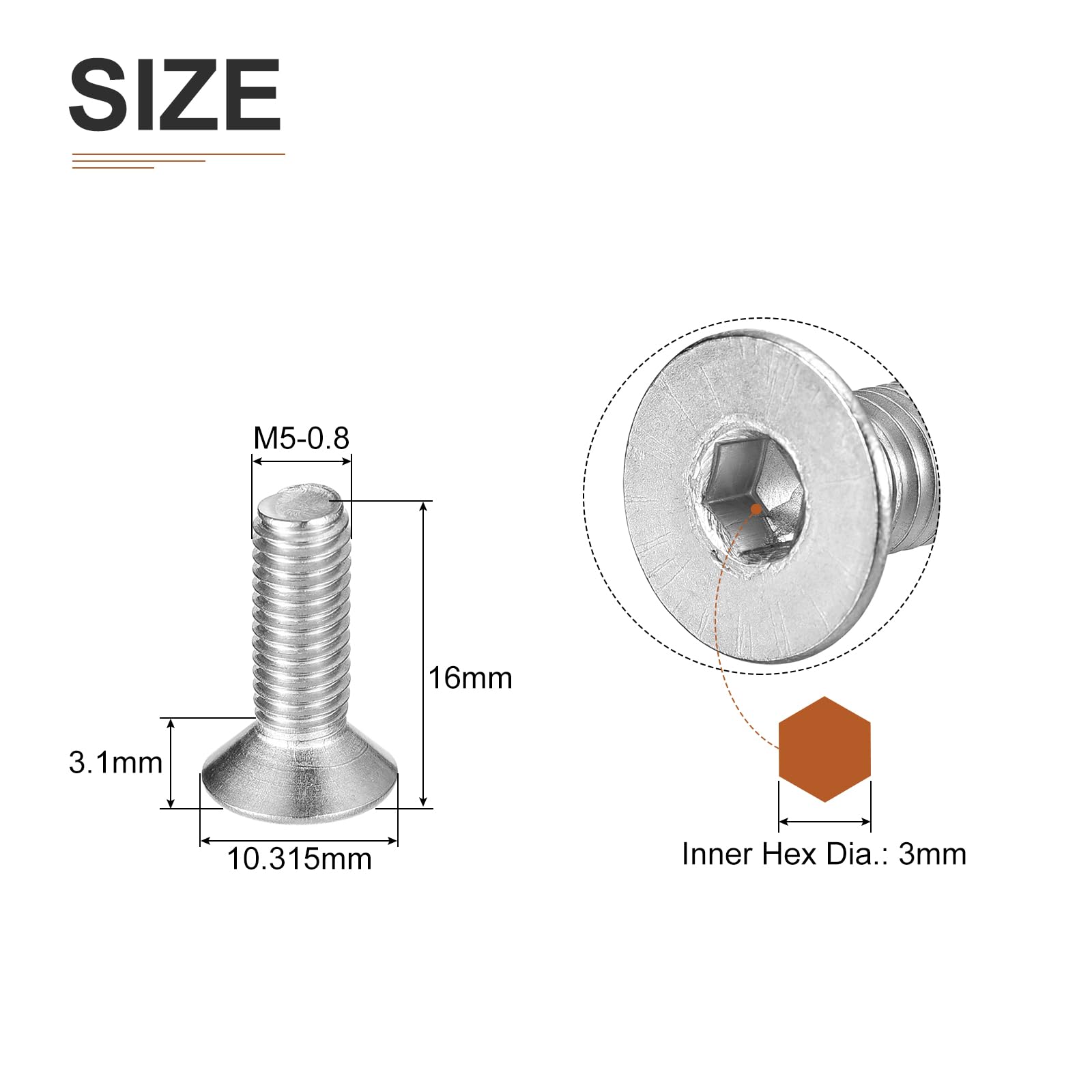 DTGN M5-0.8 x 16mm Flat Head Socket Cap Screws, 100 Pack 304 Stainless Steel Hex Socket Flat Head Screws, Full Thread - Image 2
