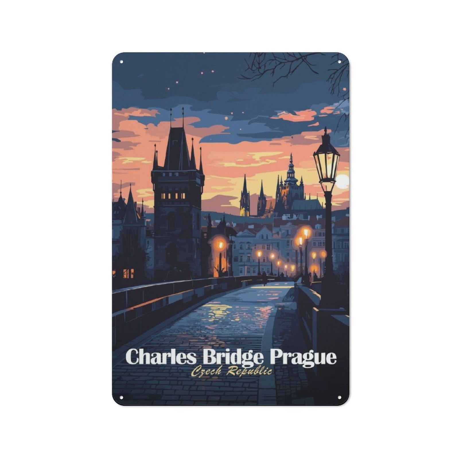 Junmoney Charles Bridge Prague Metal Plaque 30X20cm With For Garage Wall, Retro Decor, Housewarming Present For People Styling Garage