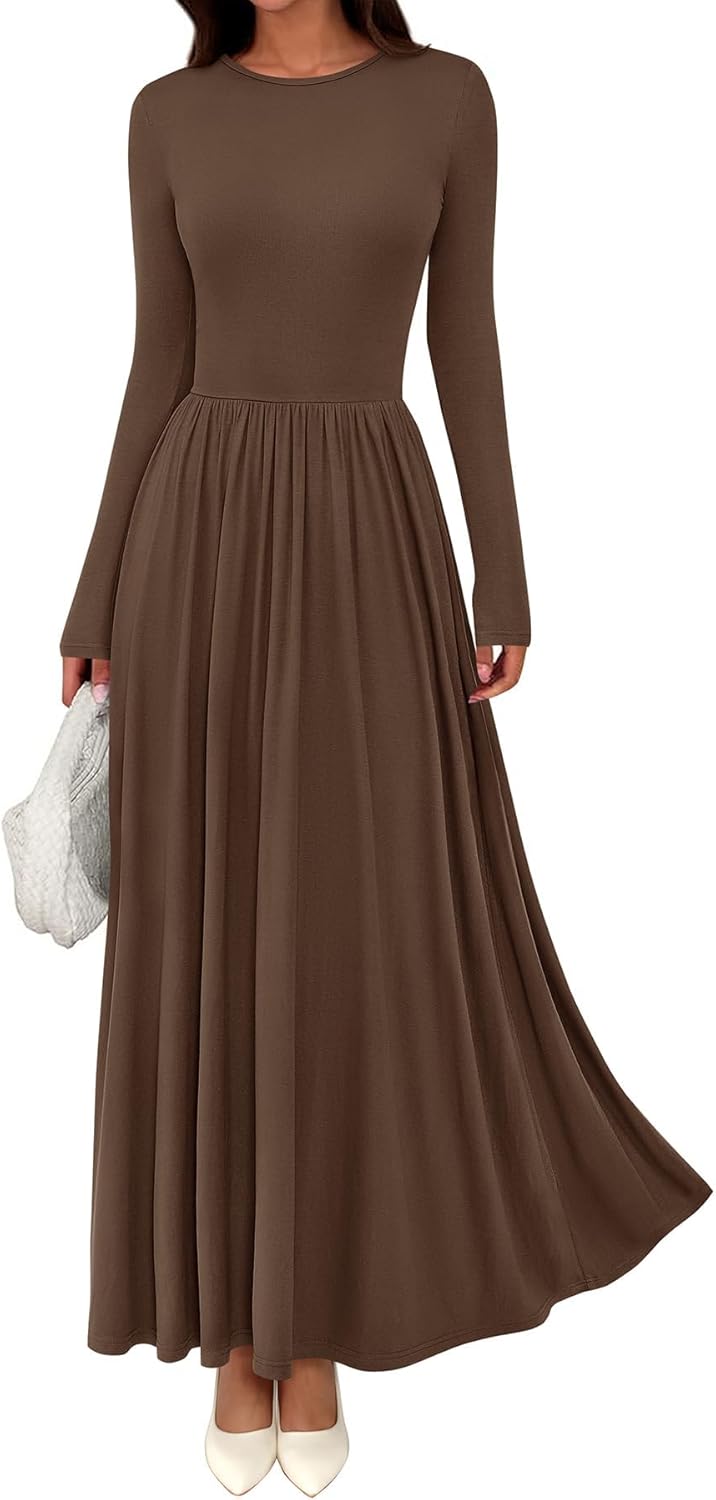 CFLONGE Fall Maxi Dress for Women 2025 Long Sleeve Knit Ribbed Cocktail Dresses Casual High Waisted Long Wedding Guest Dress