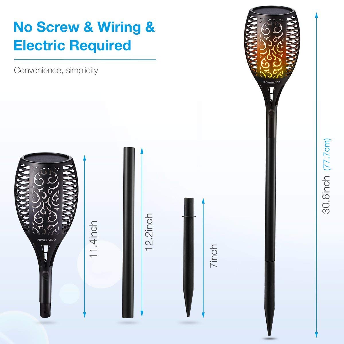 Lot de 4 lampes torches solaires étanches à 96 LED - Flammes vacillantes - Éclairage de décoration de paysage, de terrasse, pelouse - Éclairage du crépuscule à l'aube - Marche/arrêt automatique pour