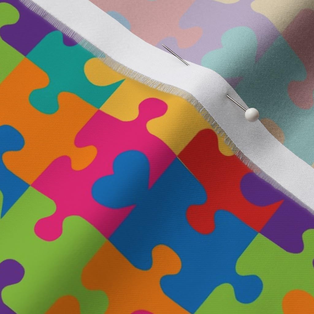Spoonflower Fabric - Puzzle Autism Rainbow Awareness Heart Love Pride Hearts Printed on Organic Cotton Sateen Fabric by The Yard - Sewing Quilting Apparel Home Decor