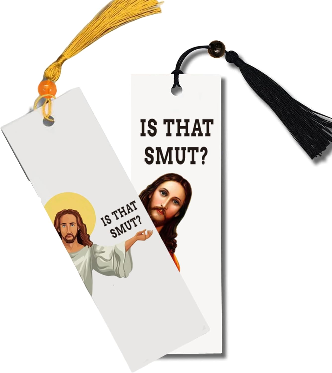 2 Pack Peeking Jesus is That Smut?Bookmark Inscribed with Hilarious Text and Tassels for Book Lovers,Funny Bookmarks for Adults Humor(Yellow&Black)