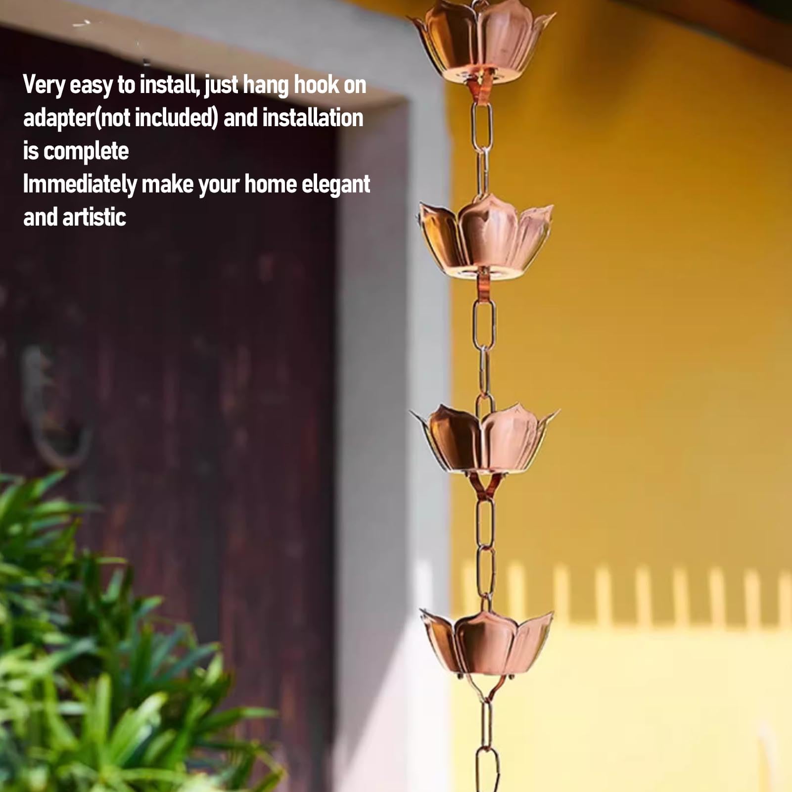 Buachois Catene Antipioggia Rame Coppa di Loto per grondaie 1M Decorativo Raccoglitore di Pioggia Esterno Resistente Grondaia di Ricambio 5 Fiori per Esterno Villa Giardino Parco