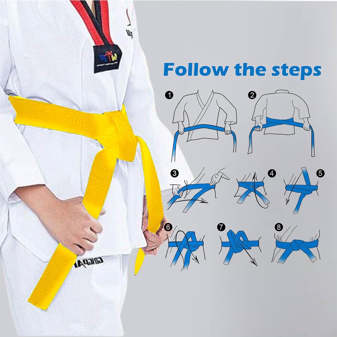 Cinturón amarillo de taekwondo, judo y karate (1 pieza, 220 cm) para niños y adultos, cinturón de artes marciales.