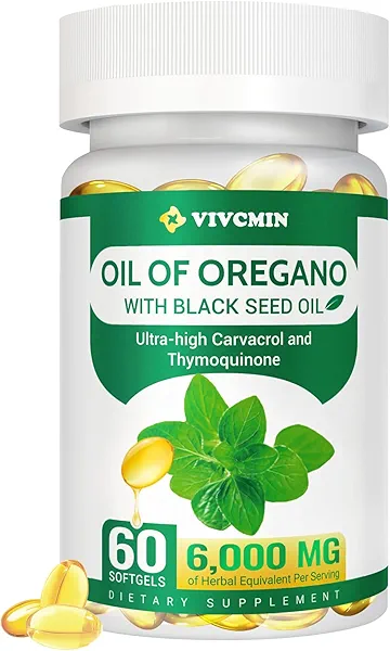 vivcmin Oil of Oregano with Black Seed Oil - Oregano Oil Capsules Contains Carvacrol - Support Immune & Digestion - Gluten, Soy & Sugar Free - 60 Softgels