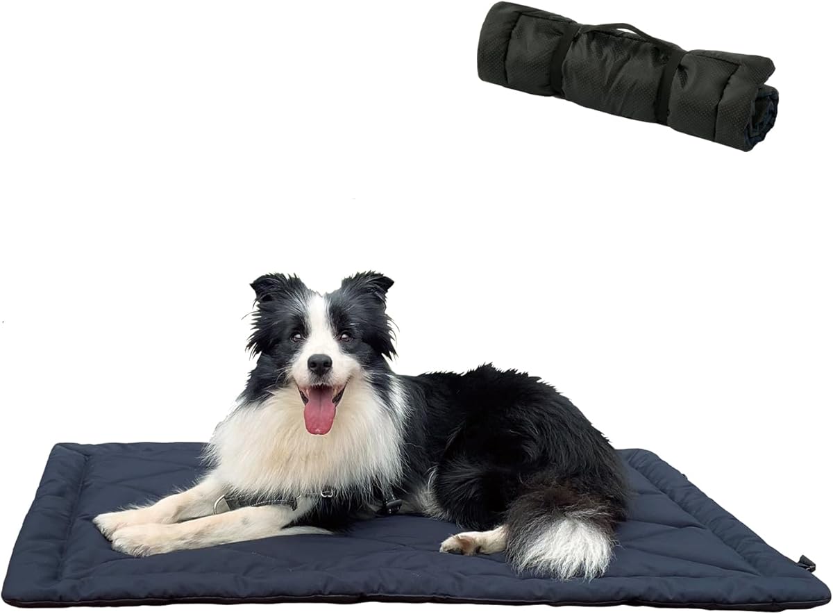 Travel Dog Bed, Portable Waterproof Anti-Slip Dog Camping Bed Mat with Carry Handles for cat or Other pet, Machine Washable, 36 * 23” Dark Blue