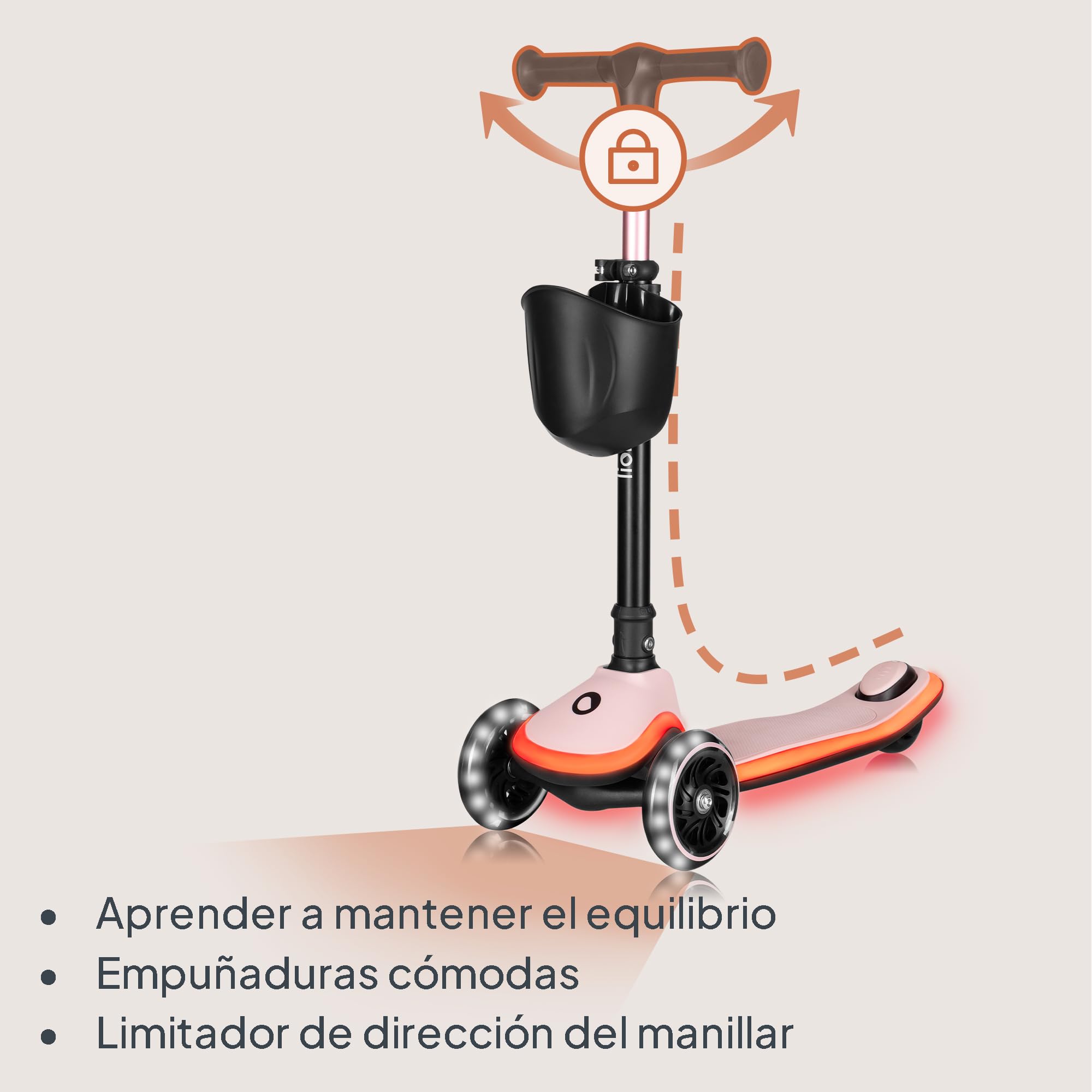 LIONELO MEY Patinete de Equilibrio para Niños Desde 3 años hasta 50 kg, Scooter Infantil Patinete de 3 Ruedas con Ajuste de Altura, Plataforma Antideslizante Iluminada y Ruedas LED, Cesta