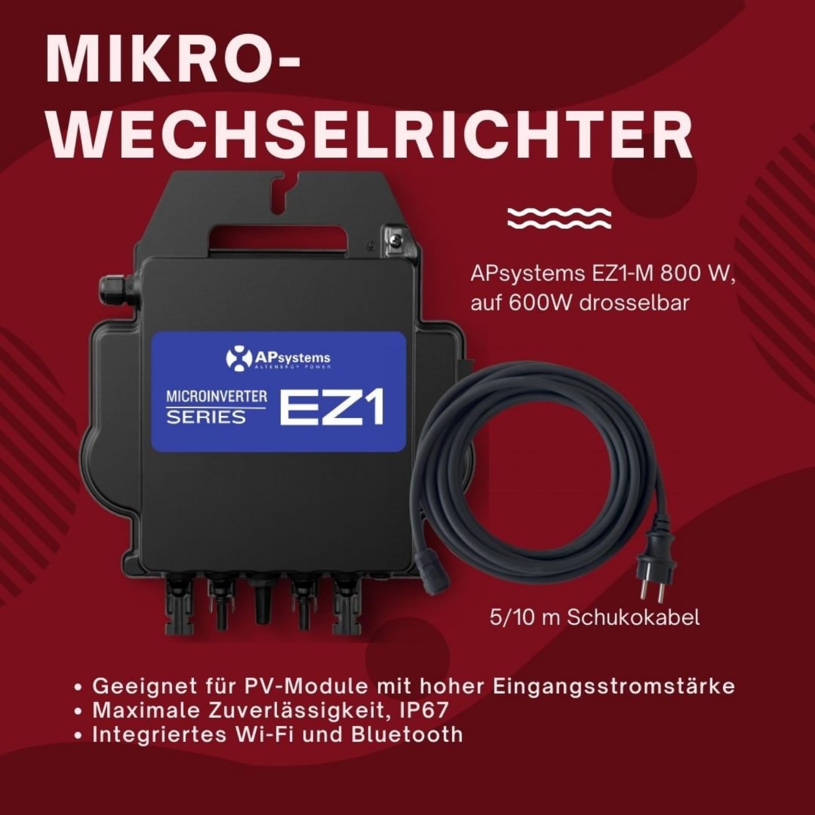 APsystems EZ1-M 800W Mikrowechselrichter mit WLAN & Bluetooth | Balkonkraftwerk PV Wechselrichter | 2 Unabhängige MPPT | EU-Schuko-Stecker
