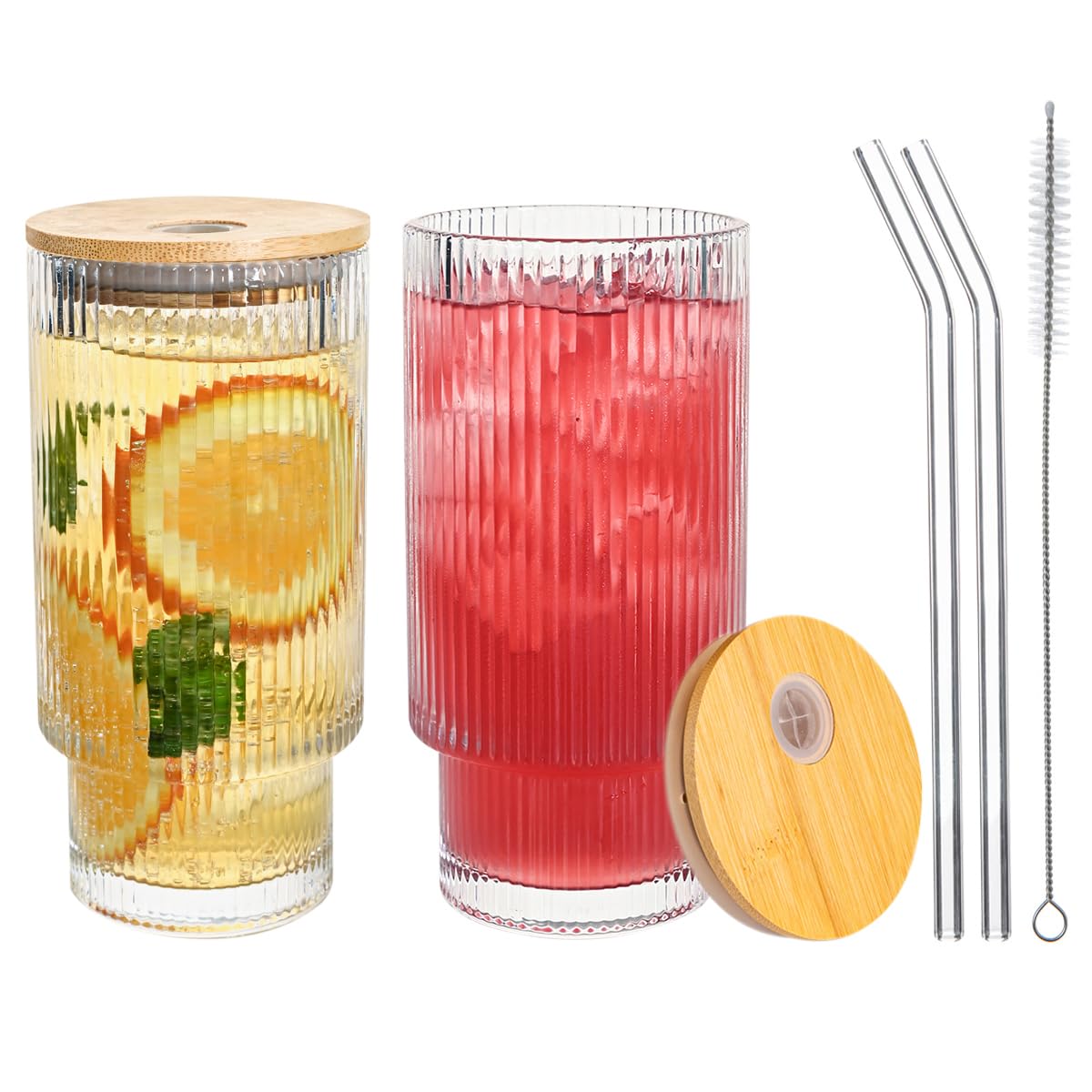 MRZIKPO Drinking Glasses with Lids and Glass Straw 2pcs Set,16oz Glass Tumbler Cups,Water Glasses,Iced Coffee Glasses,iced Tea Glasses,Ideal for Whiskey,1 Brushes