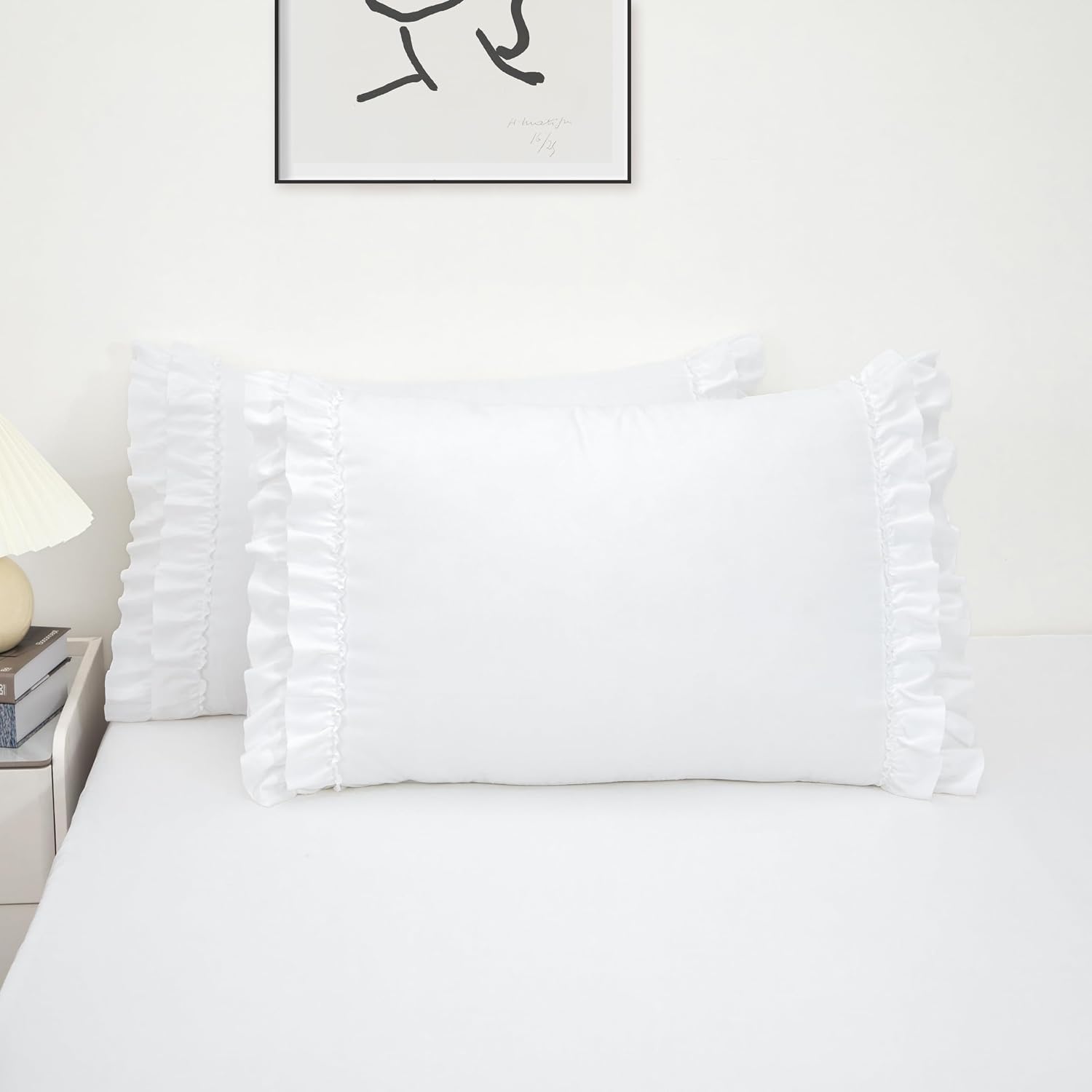 White Ruffle Pillow Case Standard Size Set of 2, 20"x26", Microfiber