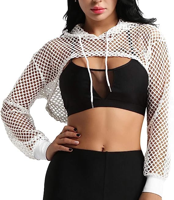 2 pc collection Stylish Women Full Sleeve Casual Fishnet Crop Hoodie (Medium, White)-picture-13