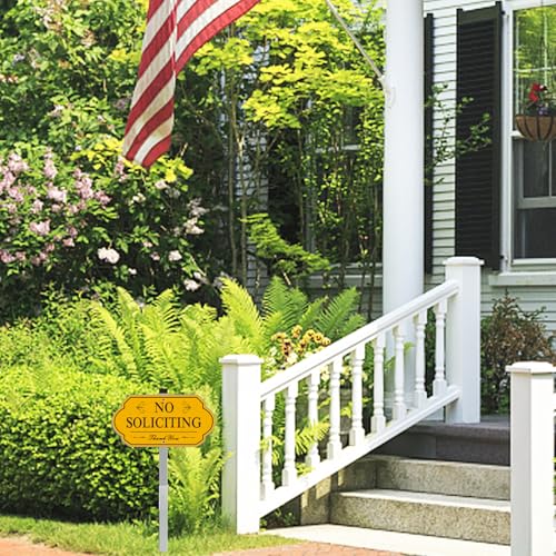 Image of Heavy Duty No Soliciting Sign for House - All Metal Construction No Soliciting Yard Sign - 14 inch x 7 inch - Aluminum - with 28 inch Long Stake (Yellow)