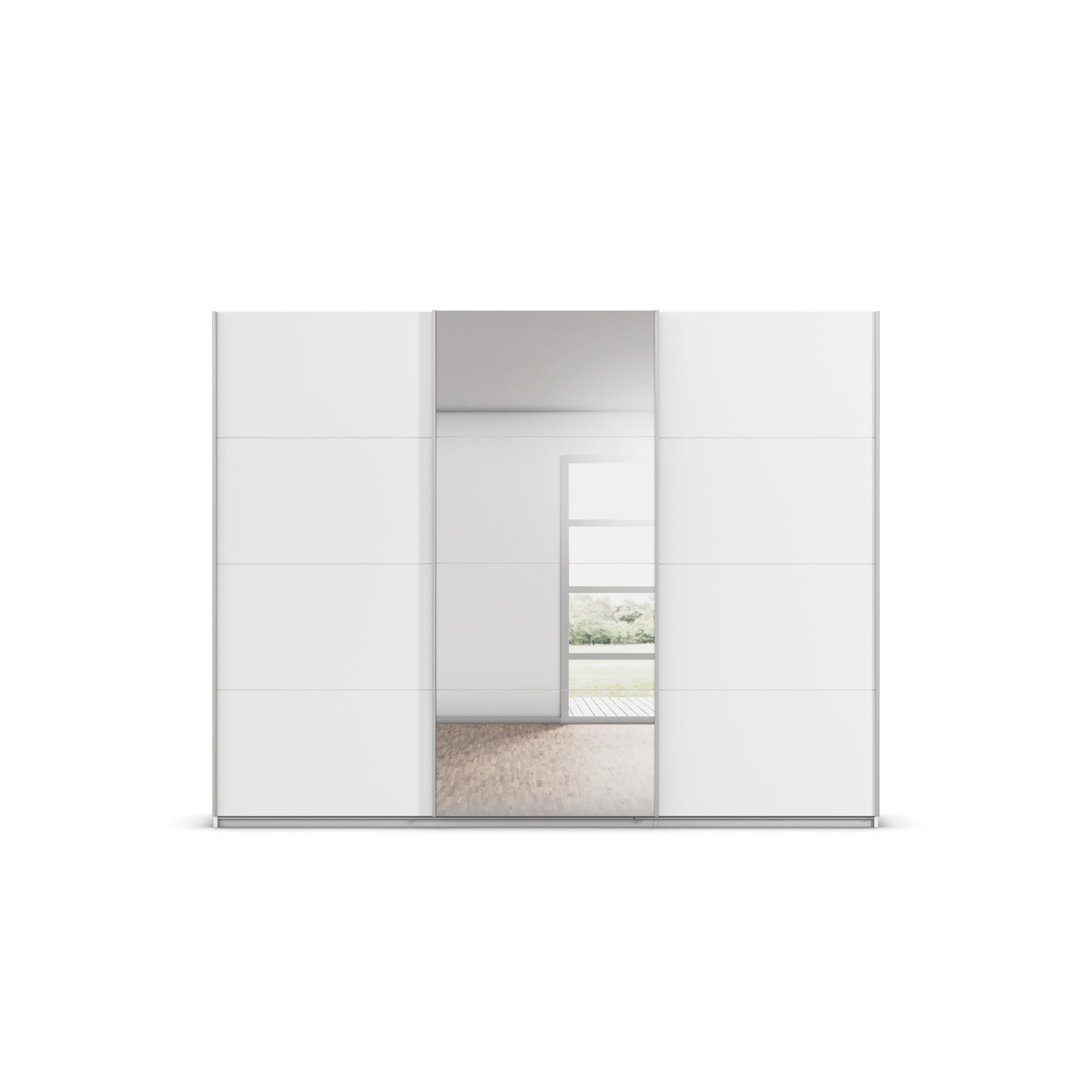 Rauch Möbel KULMBACH, Schwebetürenschrank, Farbe Weiß, Breite 271 cm | Kleiderschrank mit Schwebetüren, Schiebetüren, 3-türig, mit Spiegel, Zubehör Premium, Schlafzimmer, Jugendzimmer, Garderobe