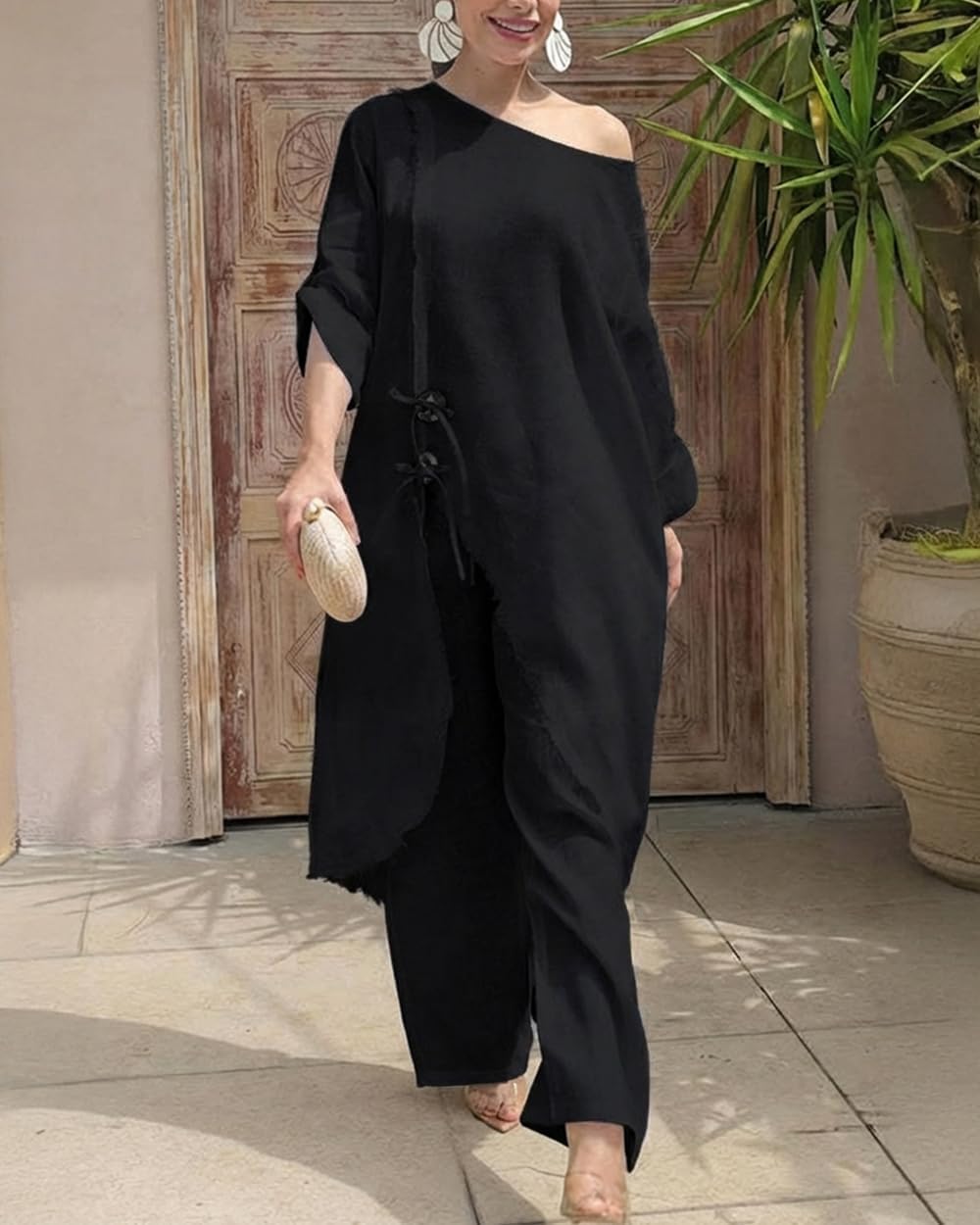 CHICME Women 2 Piece Outfits Cold Shoulder Long Sleeve Top Wide Leg Pants Linen Matching Lounge Set