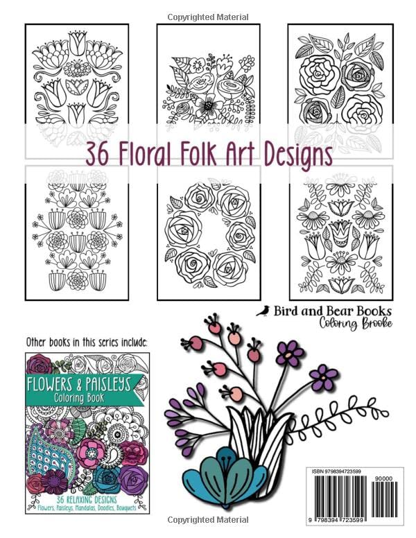 Flowers and Folk Art: Mindfulness Coloring Book for Adults and Teens--Original, Hand-Drawn Designs (Calm Creative Coloring | Flowers Series | Bird and Bear Books) image 3