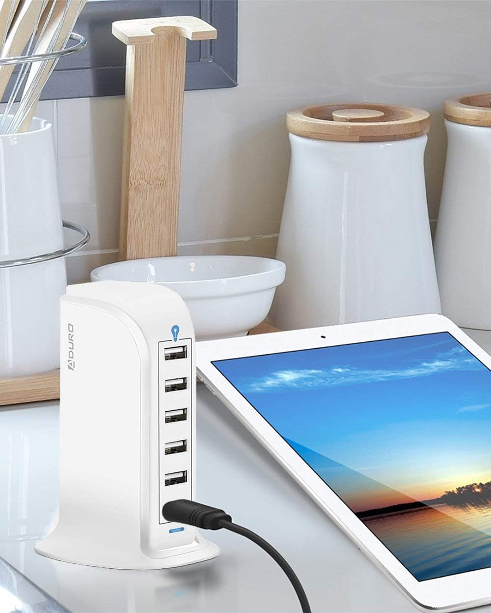 Aduro 40W 6-Port USB Desktop Charging Station Hub Wall Charger for iPhone iPad Tablets Smartphones with Smart Flow (Solid White)