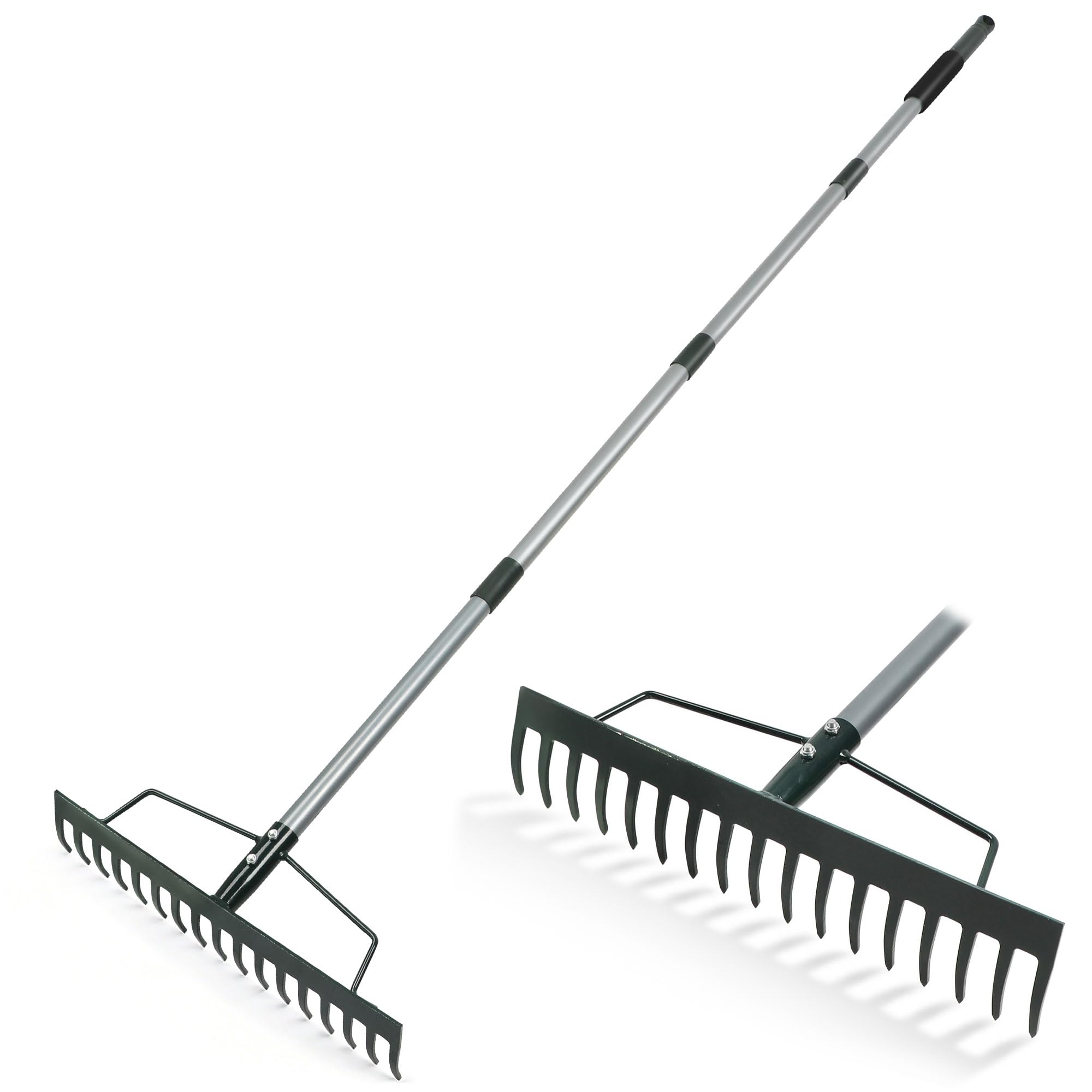 ORIENTOOLS Heavy Duty Garden Rake, 44 cm Wide Head, 160 cm Long Handle, 1.7 kg for Loosening Soil, Raking Leaves, Laying Sod, Lawn Care