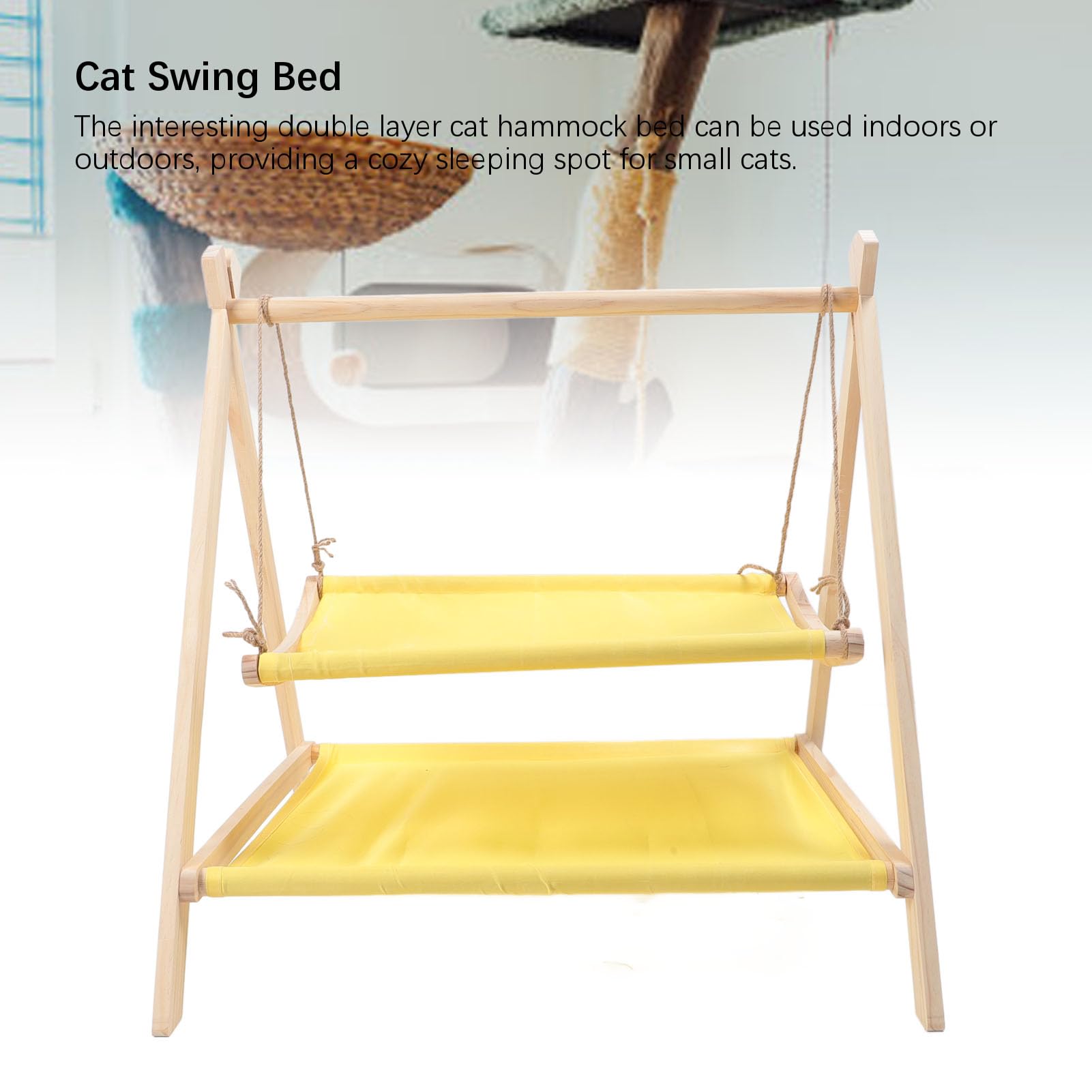 Lit Hamac Balançoire pour Chat, Lit surélevé pour Chat à 2 Couches avec Cadre en Bois, Forte capacité de Charge, Résistant aux Rayures, Jouets Balançoire Debout pour Chaton et